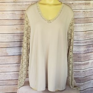 Nude V-Neck Blouse With Lace Sleeves